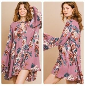 Umgee Women's Pink Floral Bohemian Swing Mini Dress Size M